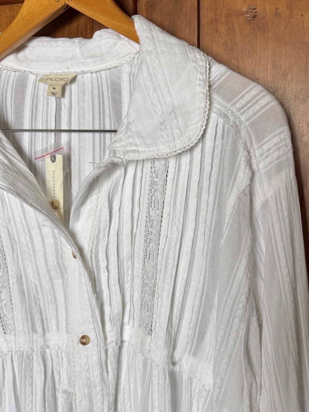 Anthropologie Pilcro White Button-Front Peasant Tunic Blouse - Lace Inset